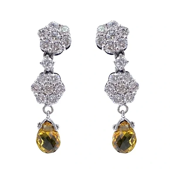 18K 2.4CT VVS / F NATURAL DIAMOND DESIGNER WHITE GOLD DANGLE CITRINE EARRINGS - Picture 2 of 3